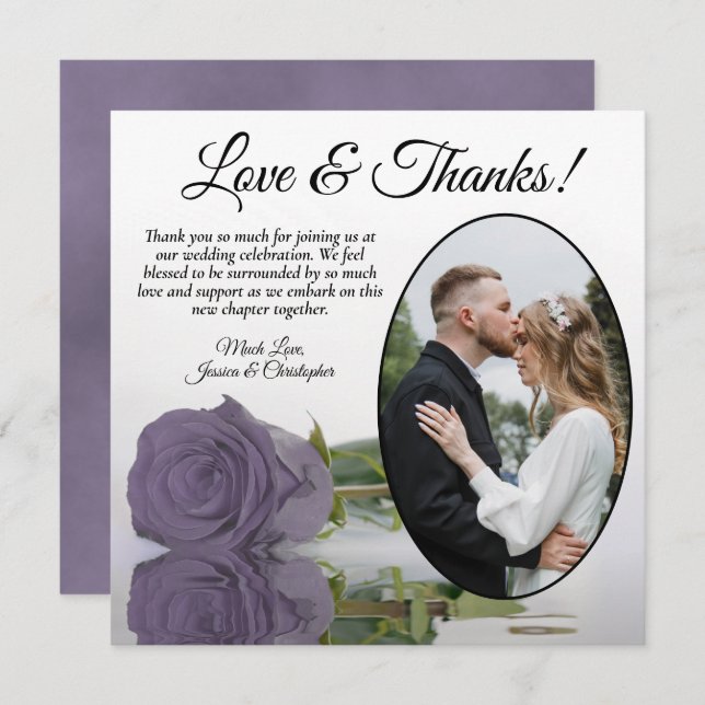 Elegant Dusty Purple Rose with Oval Photo Wedding Thank You Card (Front/Back)