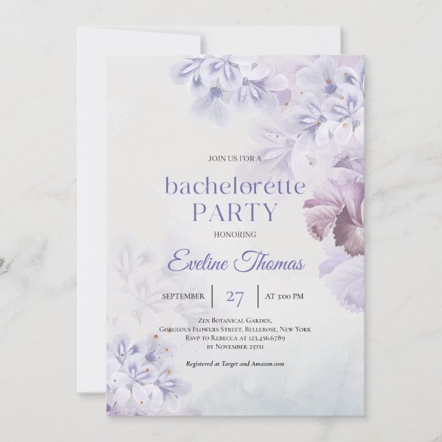 Elegant dusty purple spring flowers bachelorette invitation (Front)