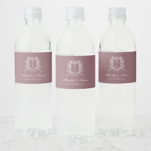 Elegant Dusty Purple Vintage Crest Boho Wedding Water Bottle Label