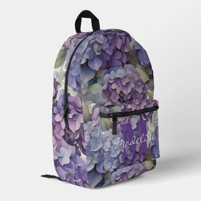 Elegant dusty purple watercolor floral monogram printed backpack (Back Corner Left)