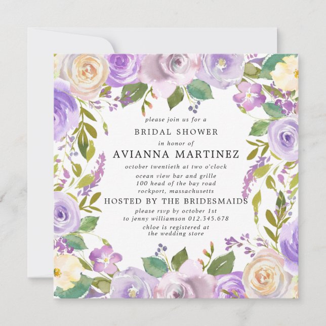 Elegant Dusty Purple White Floral Bridal Shower Invitation (Front)