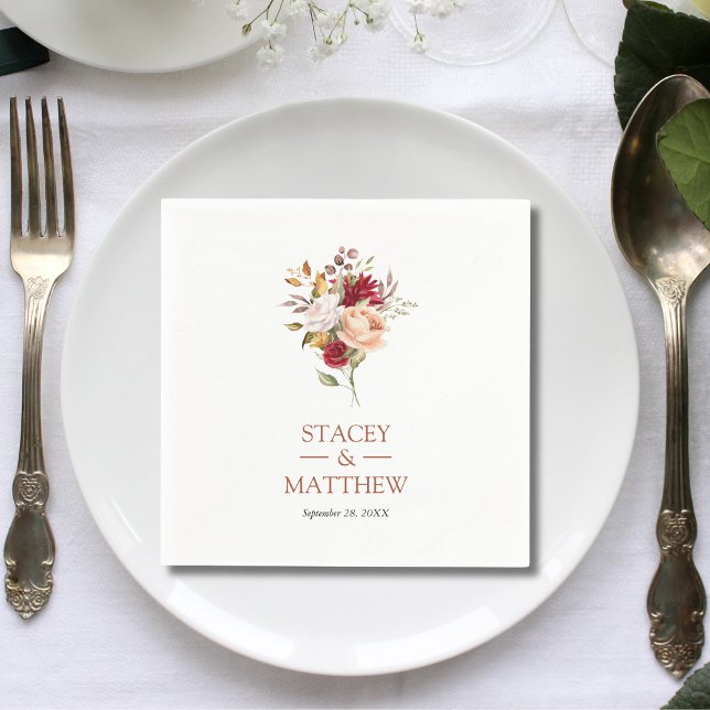 Elegant Dusty Red Pink Rose Floral Wedding Napkin (Creator Uploaded)