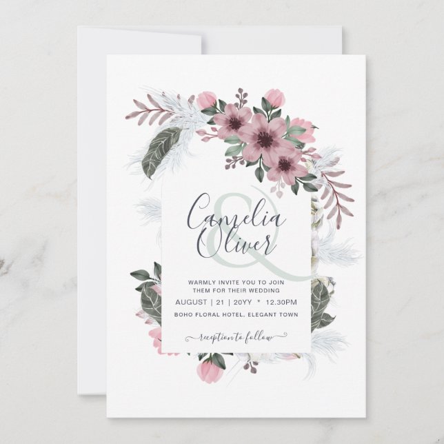 Elegant Dusty Rose Ampersand Floral Arch Wedding Invitation (Front)