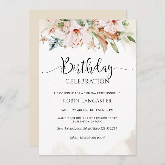Elegant Dusty Rose and Beige Floral Birthday Invitation (Front/Back)