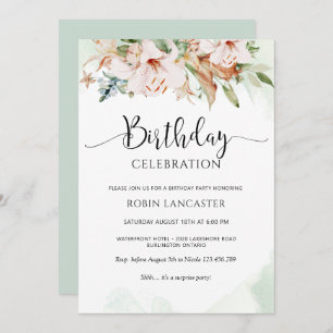 Elegant Dusty Rose and Green Floral Birthday Invitation