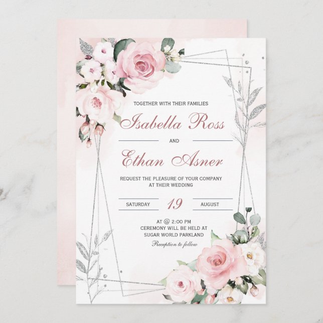 Elegant Dusty Rose and Grey Wedding Invitations (Front/Back)