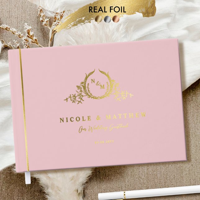 Elegant Dusty Rose and Real Foil Monogram Wedding Guest Book (Creator Uploaded)