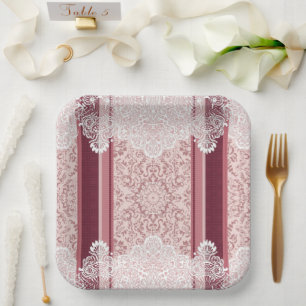 Elegant Dusty Rose and White Lace Wedding Paper Plate