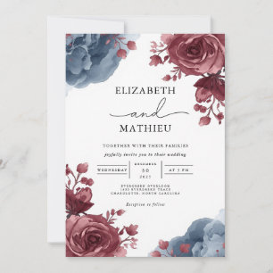 Elegant Dusty Rose Blue Floral Wedding Invitation