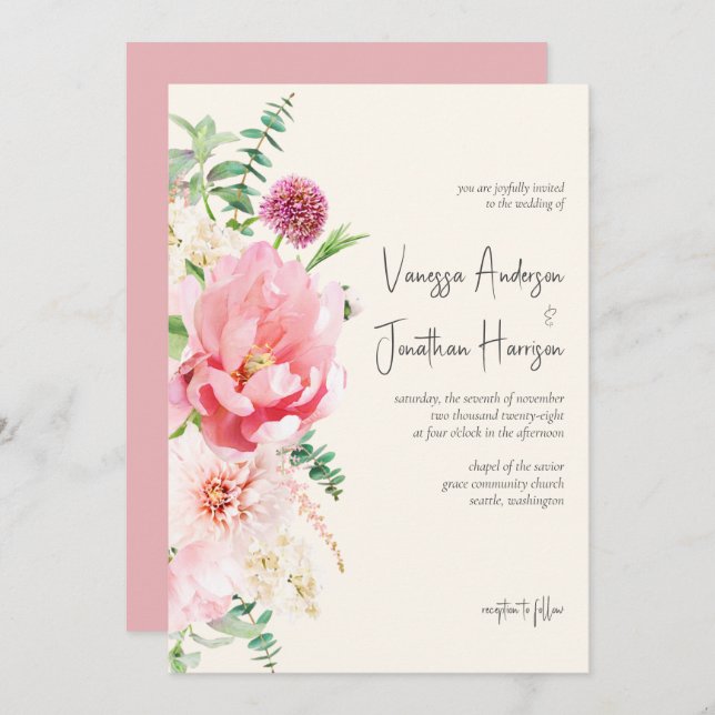 Elegant Dusty Rose Blush Ivory Floral Script Invitation (Front/Back)