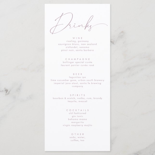 Elegant Dusty Rose Blush Pink Calligraphy Drinks Menu (Front)