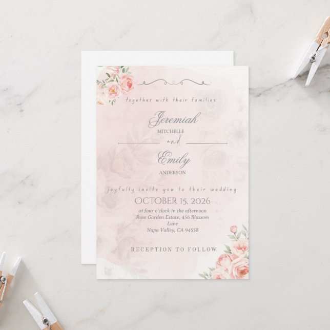 Elegant Dusty Rose Boho Cute Wedding Invitation (Front/Back In Situ)