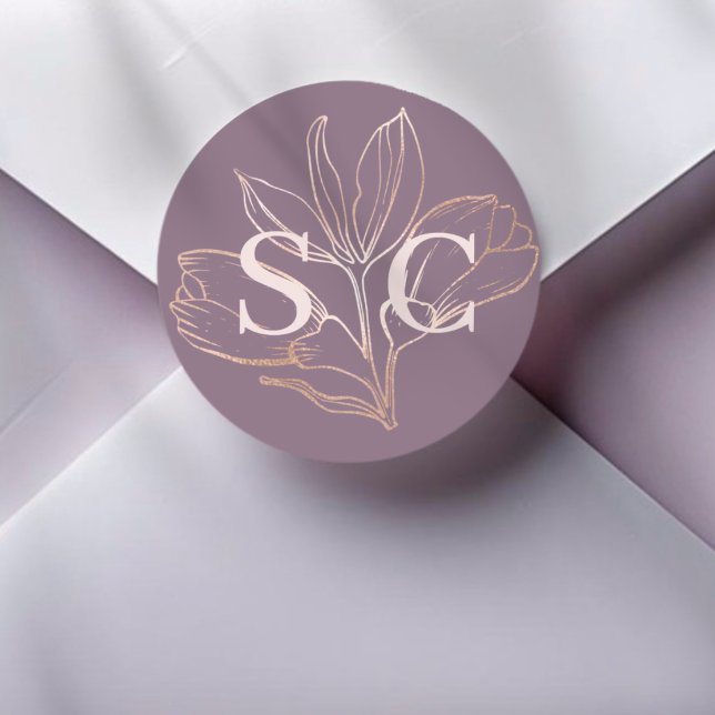 Elegant Dusty Rose Botancial Monogram Wedding Classic Round Sticker (Creator Uploaded)