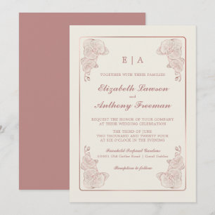 Elegant Dusty Rose Botanical Orchid Sketch Wedding Invitation