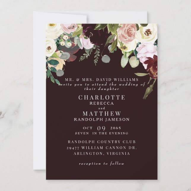 Elegant Dusty Rose & Burgundy Floral Wedding  Invitation (Front)