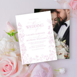 Elegant Dusty Rose Chinoiserie Photo Wedding Invitation