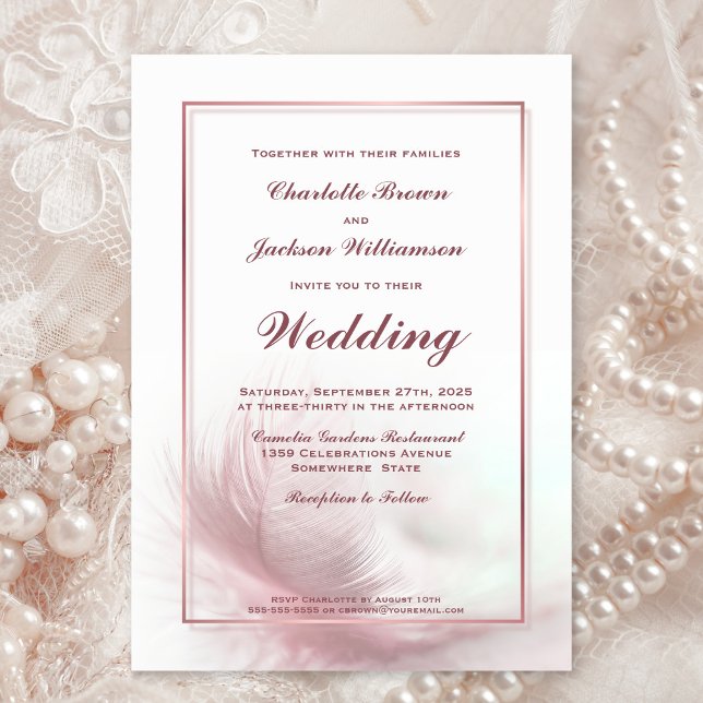 Elegant Dusty Rose Feather Wedding with RSVP Invitation (Creator Uploaded)