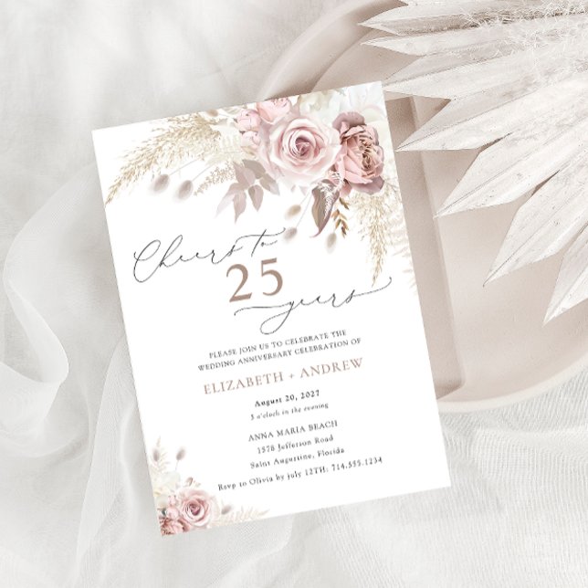 Elegant Dusty Rose Floral 25th Wedding Anniversary Invitation (Creator Uploaded)