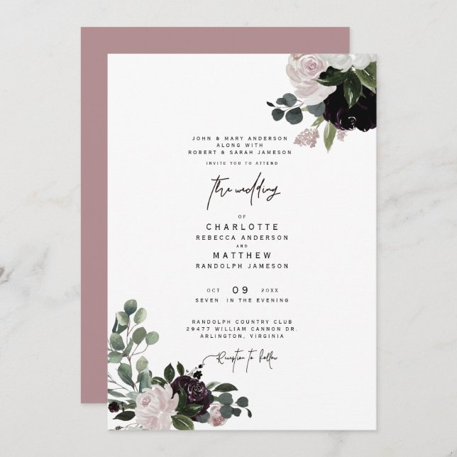Elegant Dusty Rose Floral Both Parents Wedding  Invitation (Front/Back)