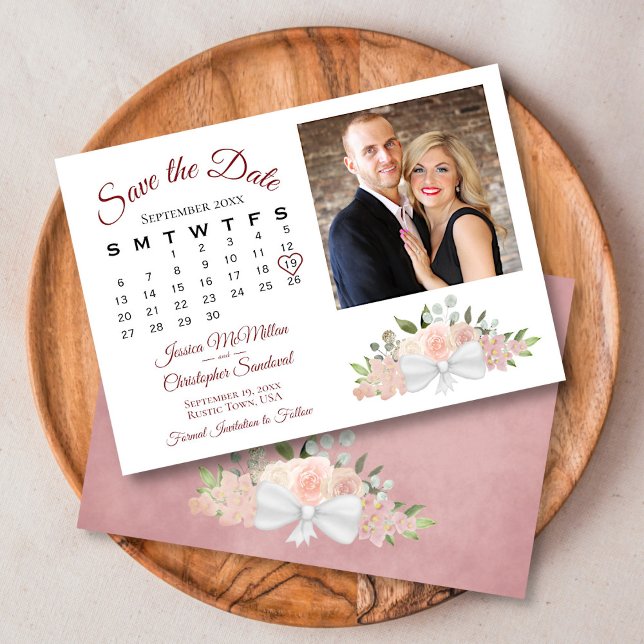 Elegant Dusty Rose Floral Calendar Photo Wedding Save The Date (Creator Uploaded)