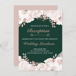 Elegant Dusty Rose Floral Forest Green Reception Invitation