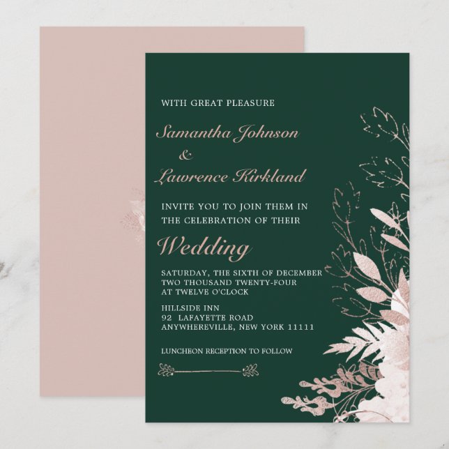Elegant Dusty Rose Floral Forest Green Wedding Invitation (Front/Back)