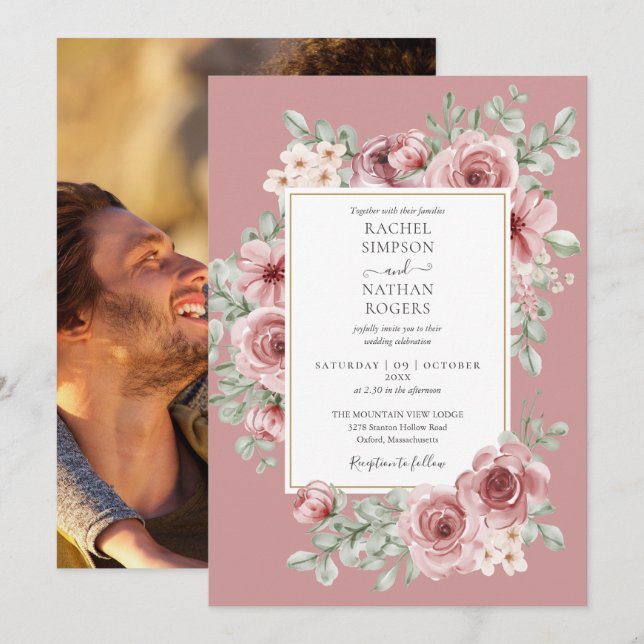 Elegant Dusty Rose Floral Gold Wedding Photo Invitation (Front/Back)