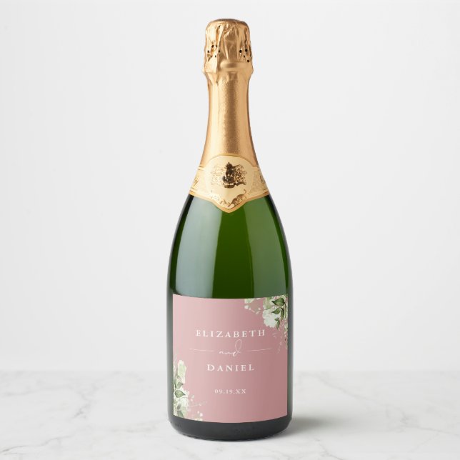 Elegant Dusty Rose Floral Greenery Wedding Sparkling Wine Label (Front)