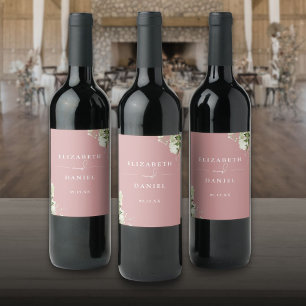 Elegant Dusty Rose Floral Greenery Wedding Wine Label