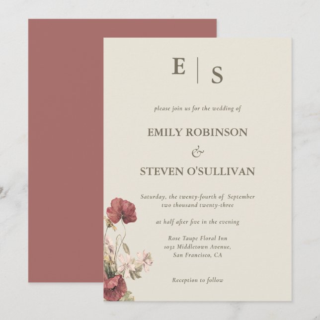Elegant Dusty Rose Floral Monogrammed Invitation (Front/Back)