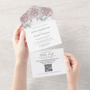Elegant Dusty Rose Floral QR Code Wedding Budget All In One Invitation