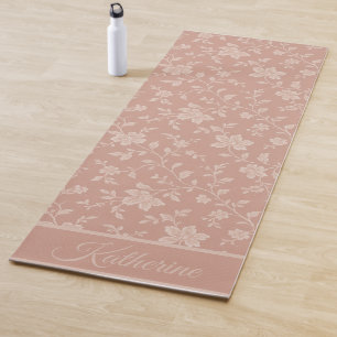 Elegant Dusty Rose Floral Script Name Yoga Mat