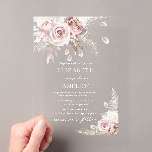 Elegant Dusty Rose Floral Wedding Acrylic Invitations