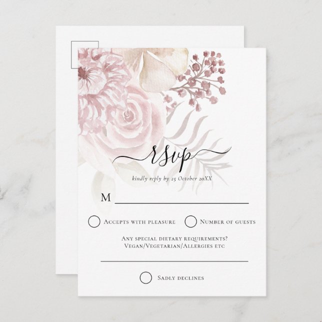 Elegant Dusty Rose Florals Wedding RSVP Invitation Postcard (Front/Back)