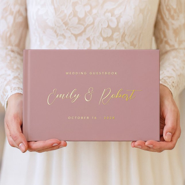 Elegant Dusty Rose Gold Calligraphy Wedding Photo Guest Book (Creator Uploaded)