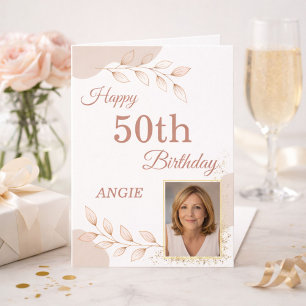 Elegant Dusty Rose Gold Photo 50th Birthday Card
