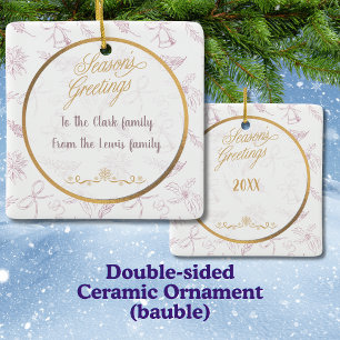 Elegant Dusty Rose & Gold Toile Seasons Greetings Ceramic Ornament