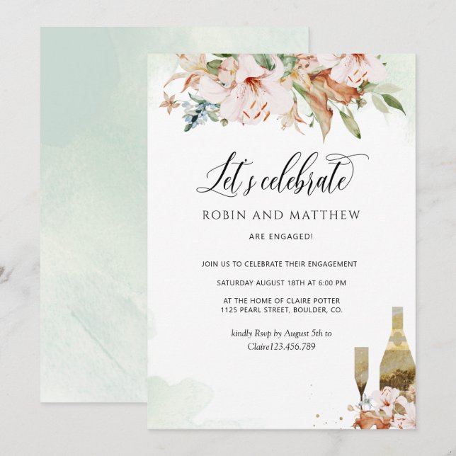 Elegant Dusty Rose & Green Floral Let's Celebrate Invitation (Front/Back)