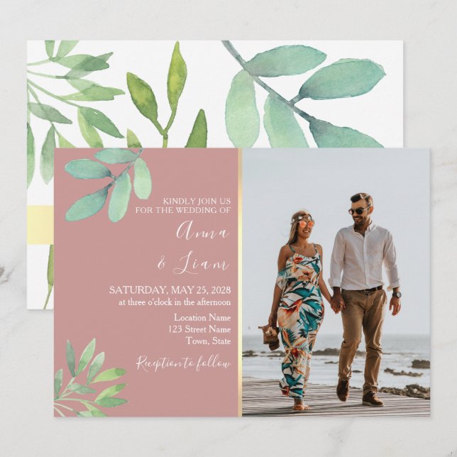 Elegant Dusty Rose Greenery Wedding Photo Invitation (Front/Back)