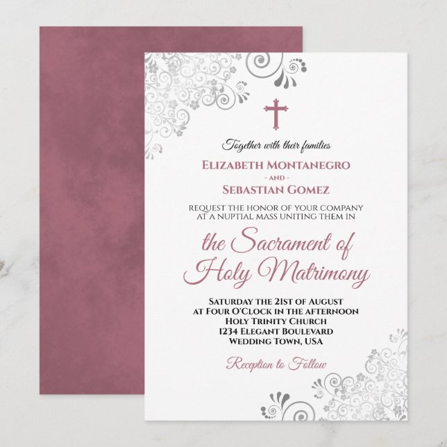 Elegant Dusty Rose & Grey Modern Catholic Wedding Invitation (Front/Back)