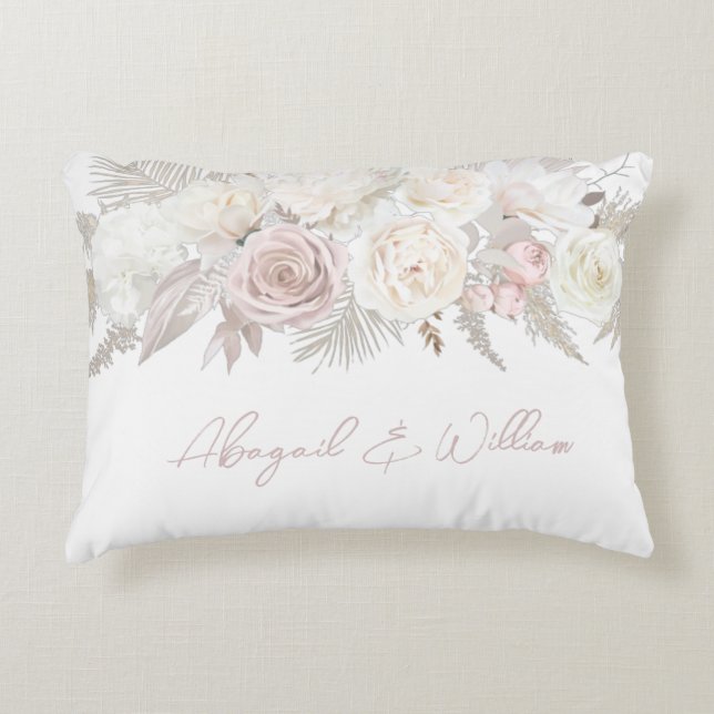 Elegant Dusty Rose & Ivory White Floral Wedding Decorative Cushion (Front)
