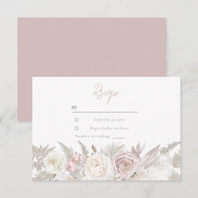 Elegant Dusty Rose & Ivory White Floral Wedding RSVP Card (Front/Back)