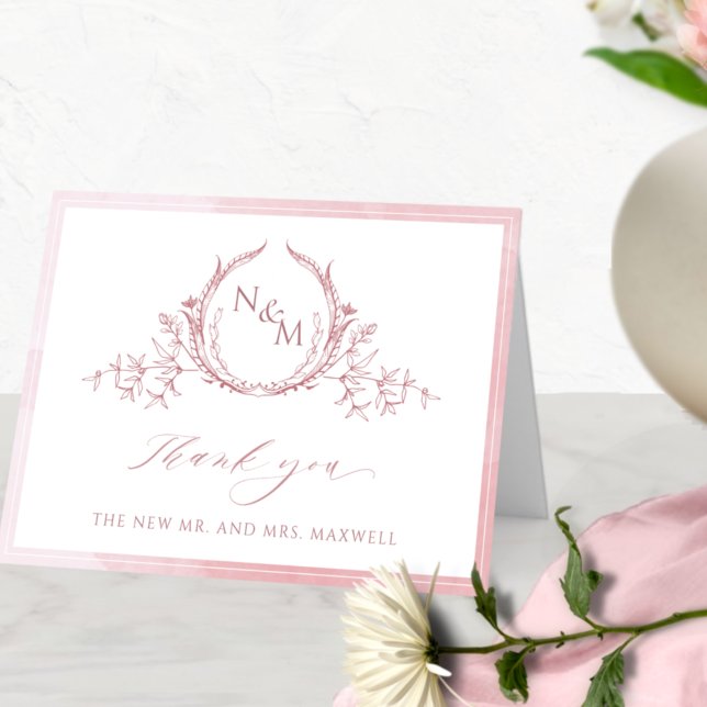 Elegant Dusty Rose Monogram, Watercolor Wedding Thank You Card (Creator Uploaded)