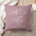 Elegant Dusty Rose Mr and Mrs Script Monogram Cushion<br><div class="desc">Elegant square accent pillow for happy couples and newlyweds features a white script Mr. and Mrs. design with custom monogram text that can be personalised with the married last name. The dusty rose / mauve pink background colour can be customised to coordinate with your home or bedroom decor colours.</div>