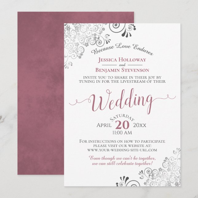 Elegant Dusty Rose on White Wedding Livestream Invitation (Front/Back)