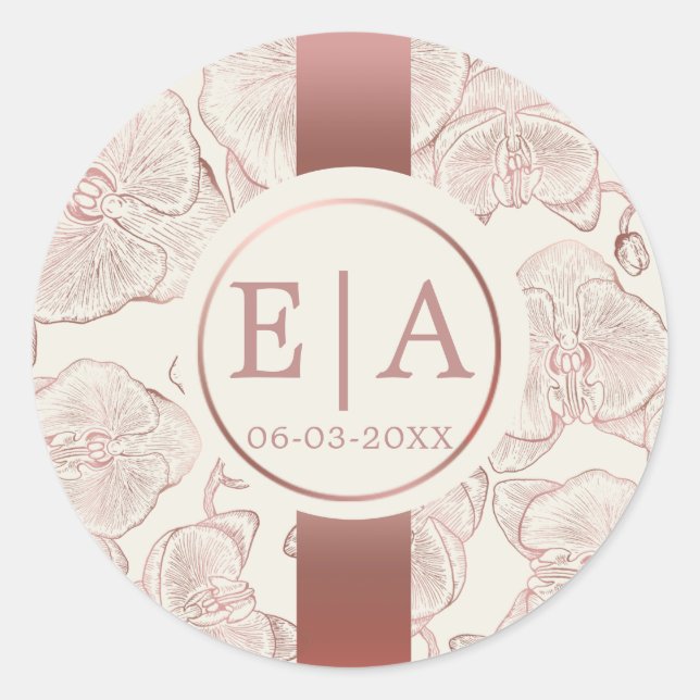 Elegant Dusty Rose Orchid Monogram Wedding  Classic Round Sticker (Front)