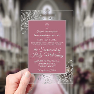 Elegant Dusty Rose Ornate Silver Catholic Wedding Acrylic Invitations