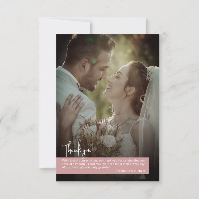 Elegant Dusty Rose Photo Banner Wedding Thank You Card (Front)