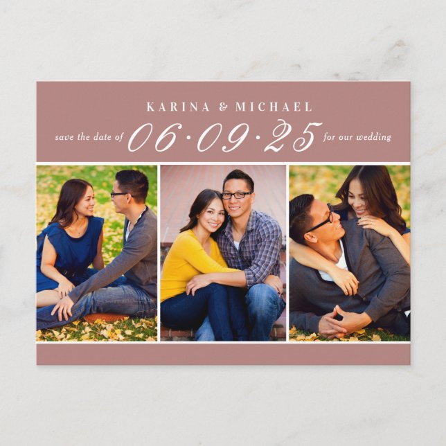 Elegant Dusty Rose Photo Collage Save the Date Announcement Postcard (Front)
