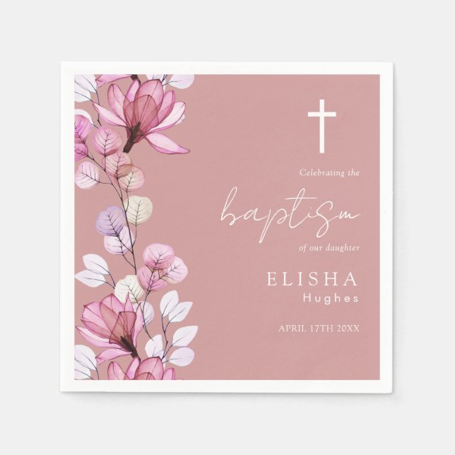 Elegant Dusty Rose Pink Elegant Floral Baptism Napkin (Front)